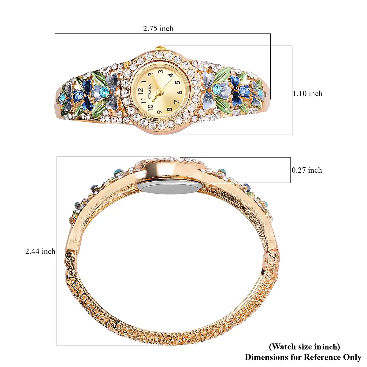 Strada Multi Color Austrian Crystal 3.75 ctw Japanese Movement Flower Pattern Bangle Watch in Goldtone (23.87mm) (6.50 in) image number 6
