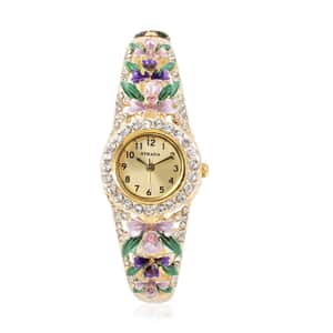 Strada Multi Color Austrian Crystal Japanese Movement Flower Pattern Bangle Watch in Goldtone (23.87mm) (6.50 in) 3.75 ctw