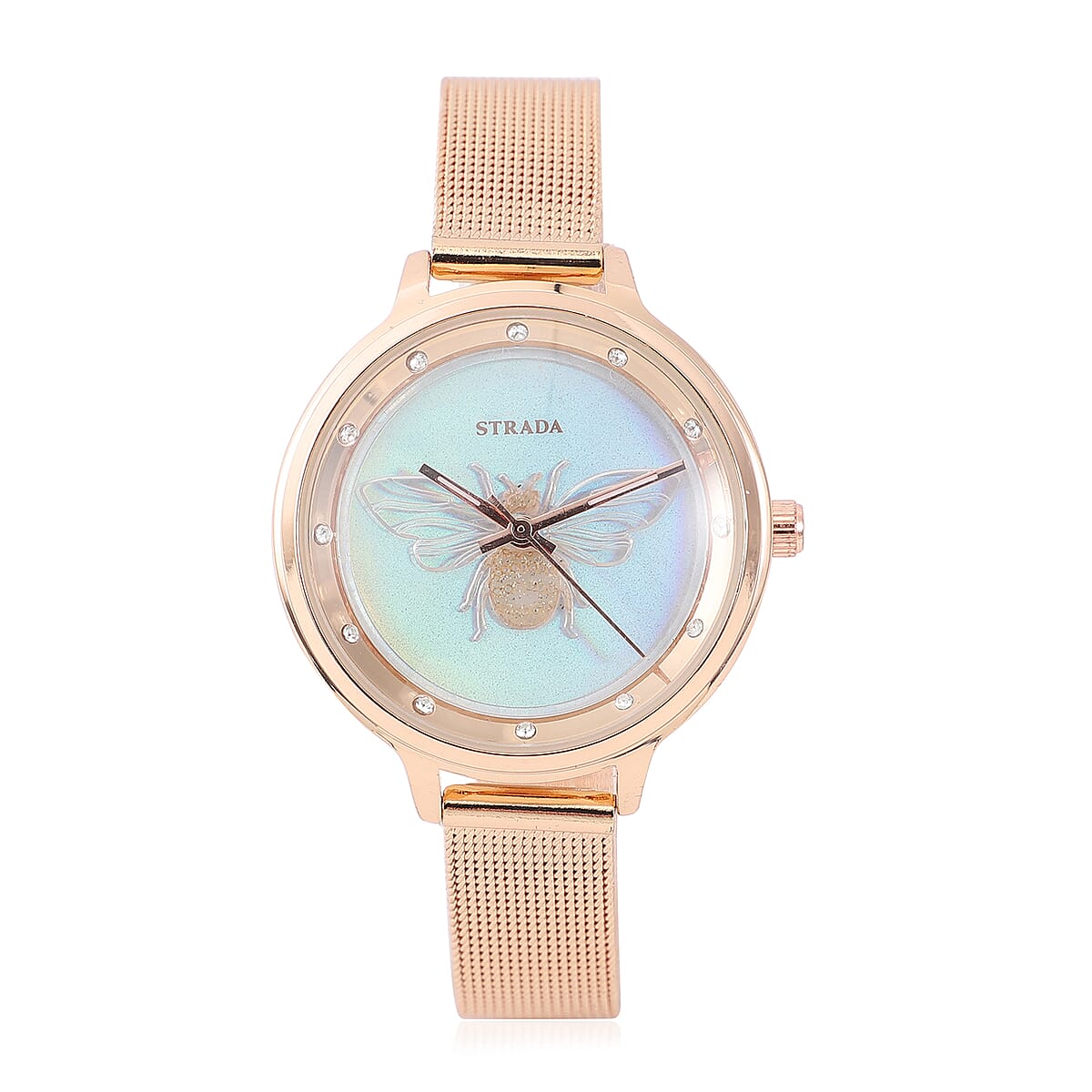 STRADA White Austrian Crystal Japanese Movement Honey Bee Pattern Watch with Stainless Steel Mesh Strap image number 0