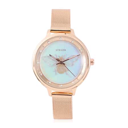 STRADA White Austrian Crystal Japanese Movement Honey Bee Pattern Watch with Stainless Steel Mesh Strap image number 0
