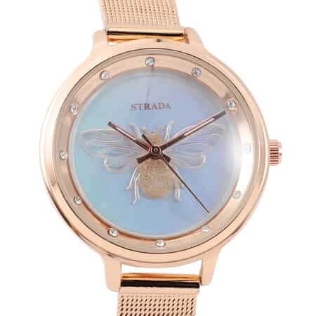STRADA White Austrian Crystal Japanese Movement Honey Bee Pattern Watch with Stainless Steel Mesh Strap image number 3
