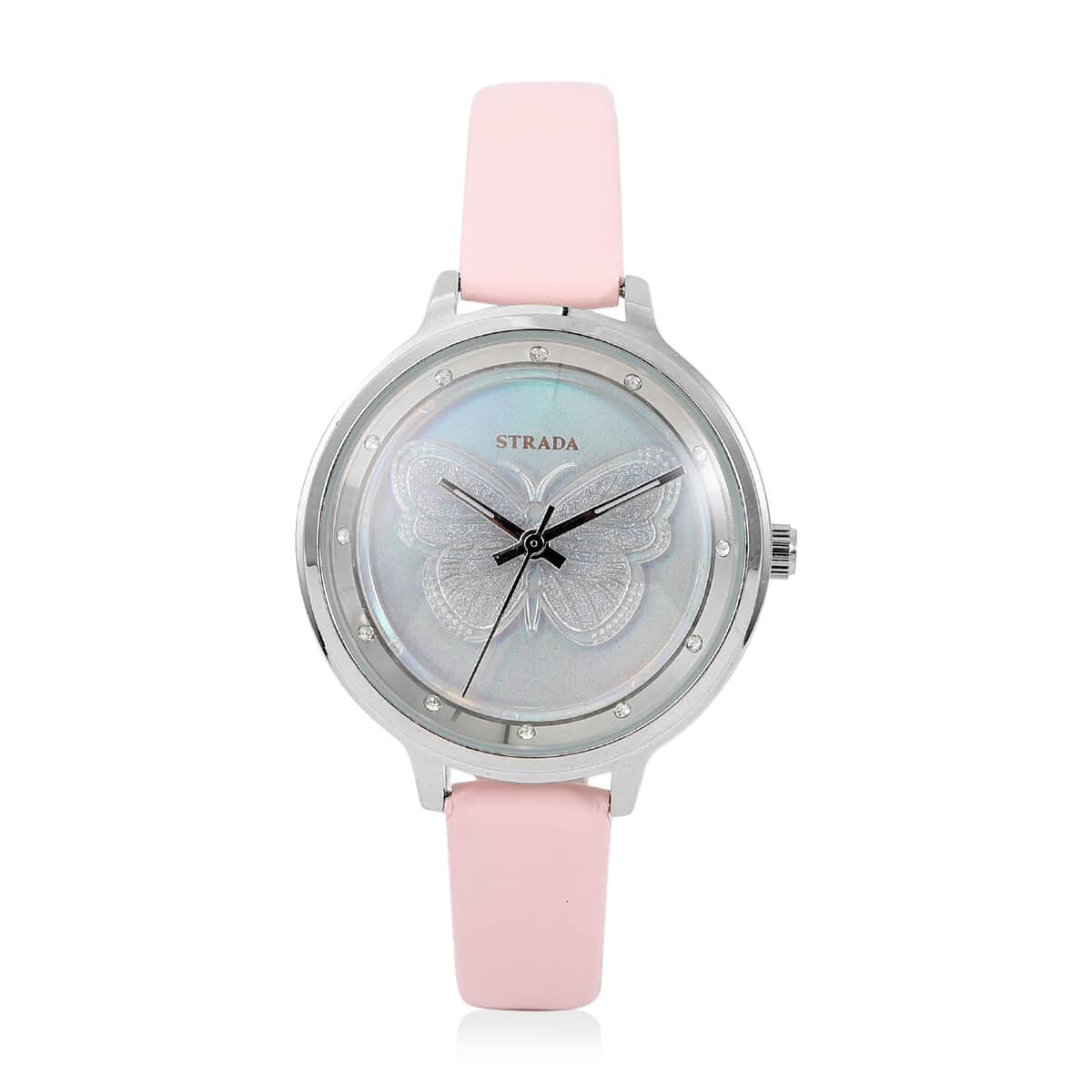 STRADA White Austrian Crystal Japanese Movement Butterfly Pattern Watch with Pink Faux Leather Strap 0.06 ctw image number 0