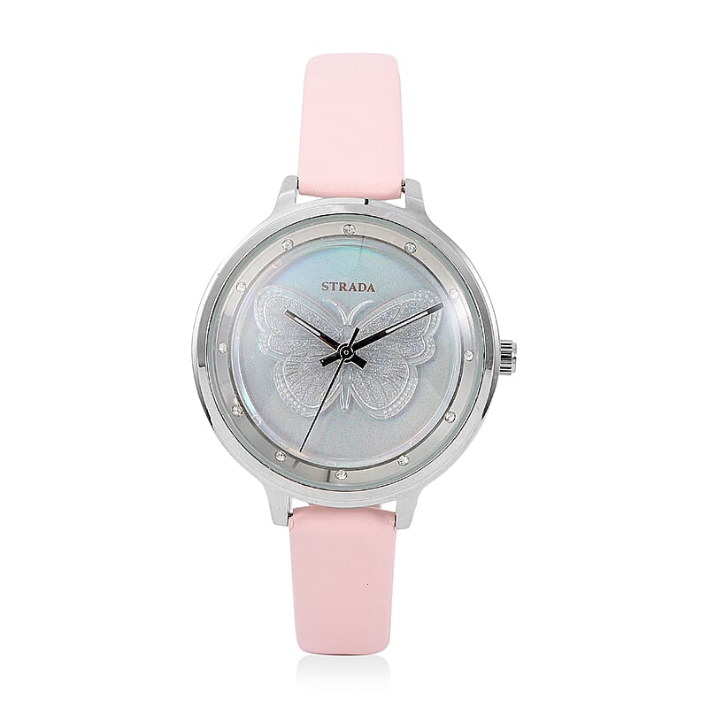 Strada White Austrian Crystal Japanese Movement Butterfly Pattern Watch with Pink Faux Leather Strap 0.06 ctw