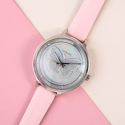 Strada White Austrian Crystal Japanese Movement Butterfly Pattern Watch with Pink Faux Leather Strap 0.06 ctw