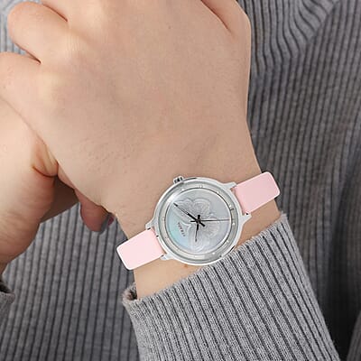 Strada White Austrian Crystal Japanese Movement Butterfly Pattern Watch with Pink Faux Leather Strap 0.06 ctw