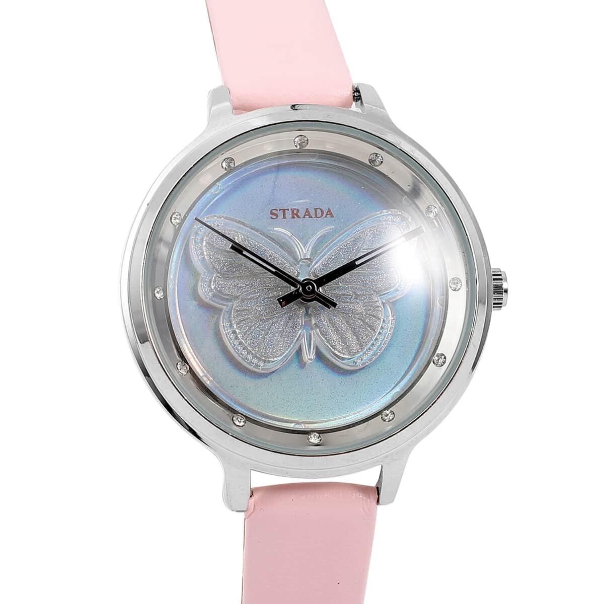 STRADA White Austrian Crystal Japanese Movement Butterfly Pattern Watch with Pink Faux Leather Strap 0.06 ctw image number 3