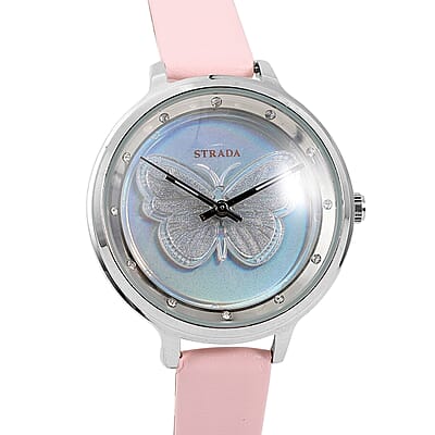 Strada White Austrian Crystal Japanese Movement Butterfly Pattern Watch with Pink Faux Leather Strap 0.06 ctw