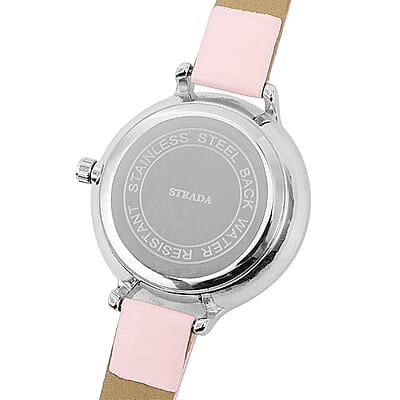 Strada White Austrian Crystal Japanese Movement Butterfly Pattern Watch with Pink Faux Leather Strap 0.06 ctw