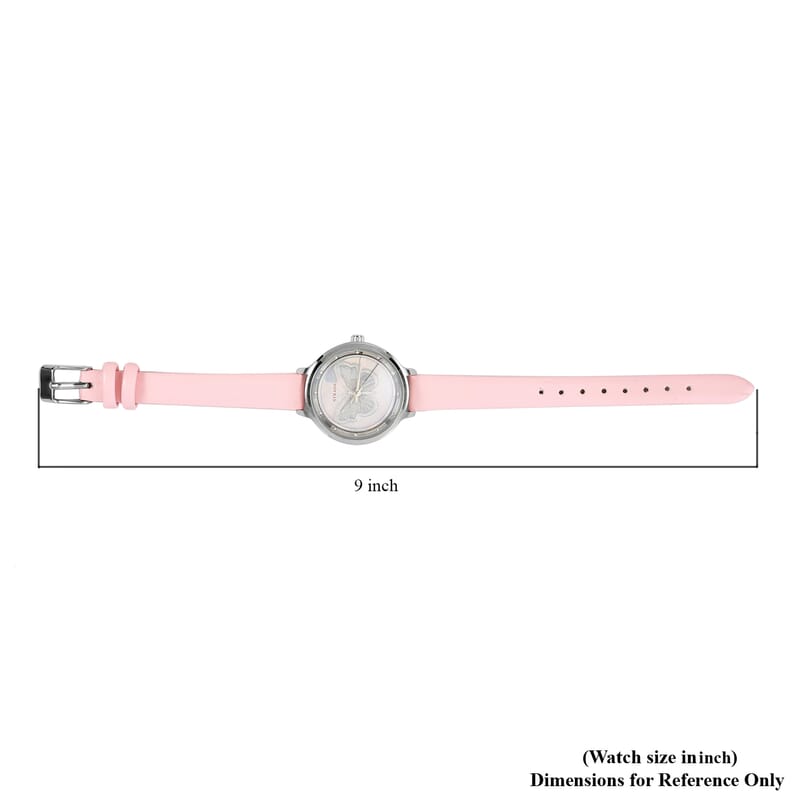 Strada White Austrian Crystal Japanese Movement Butterfly Pattern Watch with Pink Faux Leather Strap 0.06 ctw