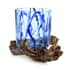 Designer Inspired Artisan Commissioned Bali Handblown Blue Round Glass with Wood Base image number 1