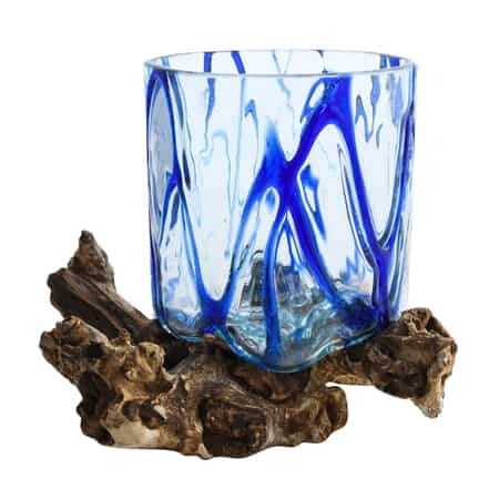 Designer Inspired Artisan Commissioned Bali Handblown Blue Round Glass with Wood Base image number 6