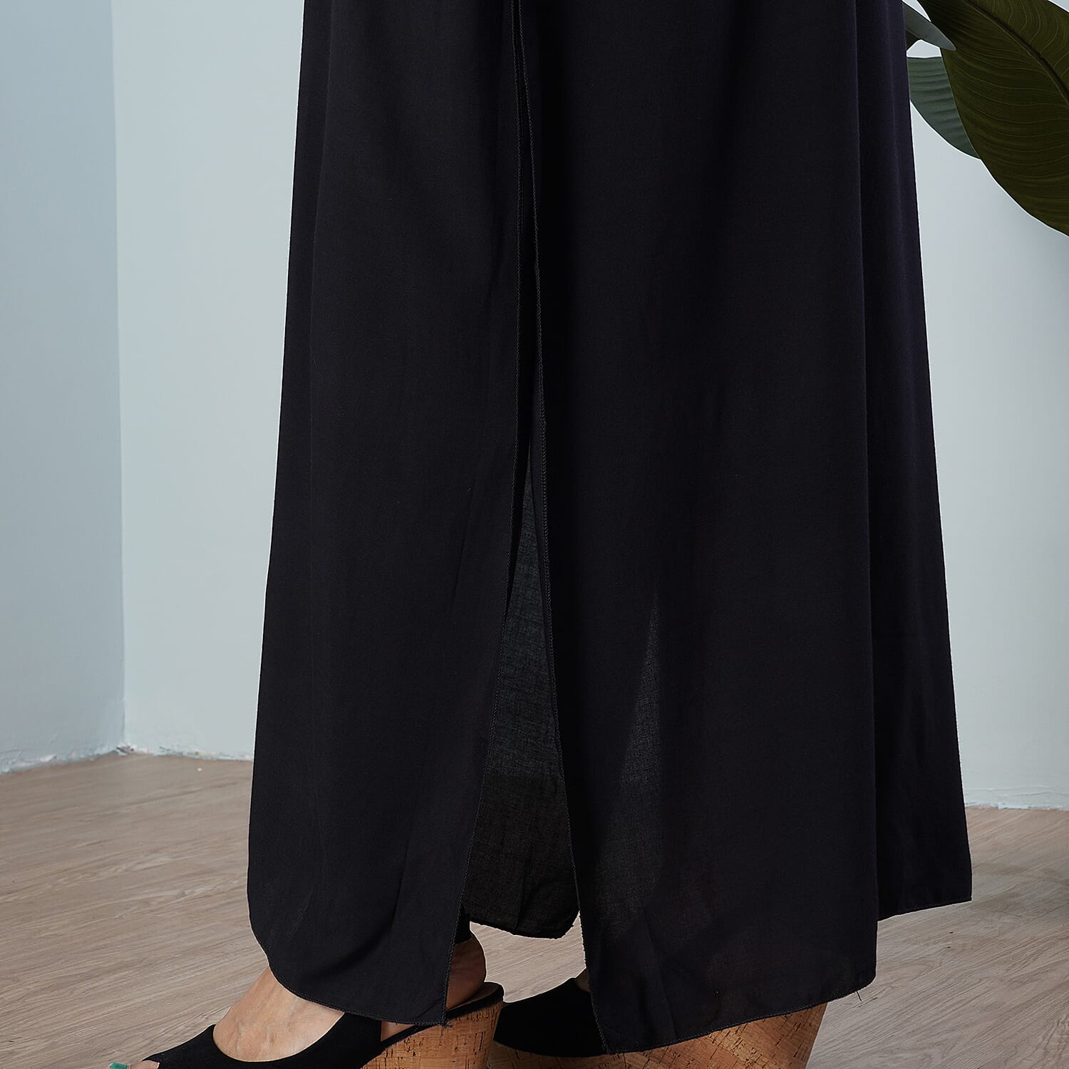 Tamsy Black Solid 100% Viscose Embroidery Kaftan- One Size Fits Most