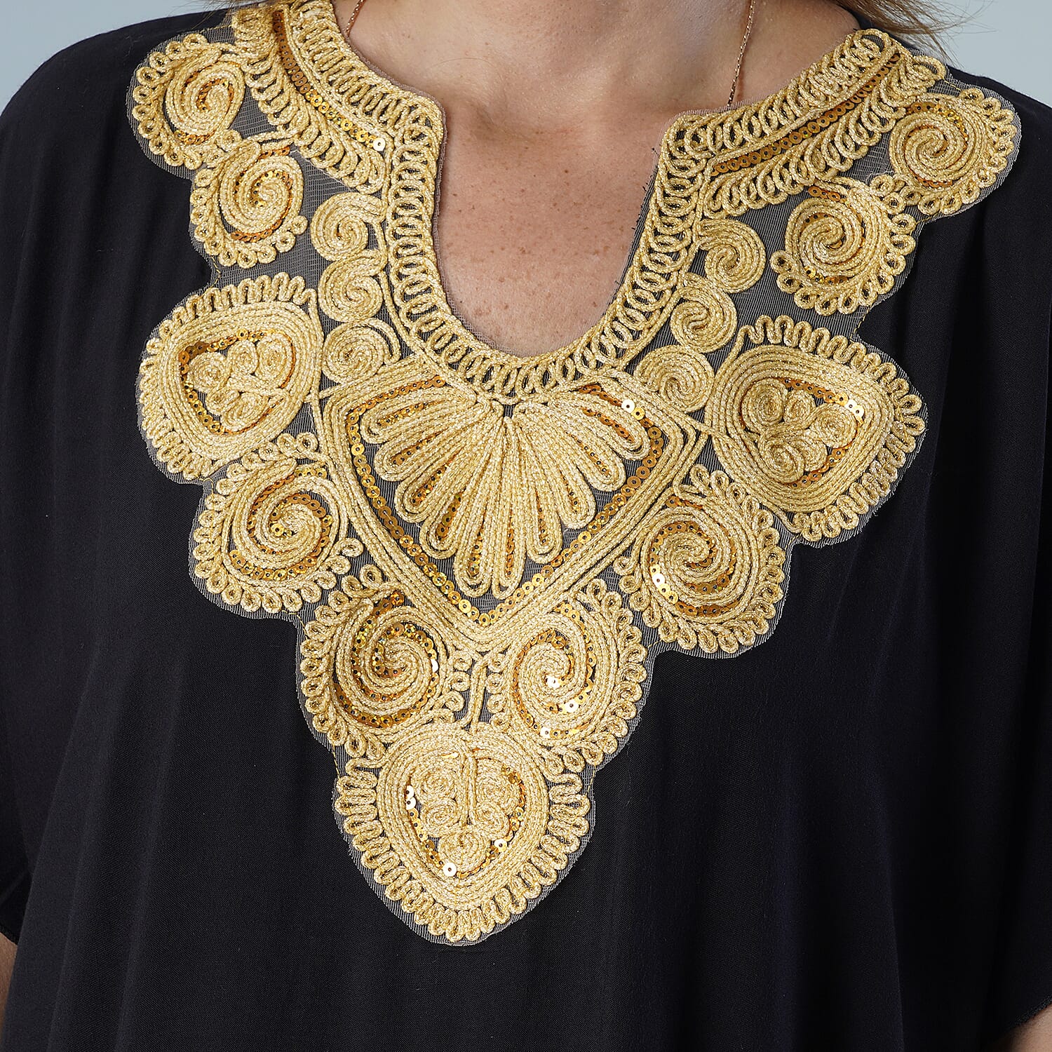 Tamsy Black Solid 100% Viscose Embroidery Kaftan- One Size Fits Most