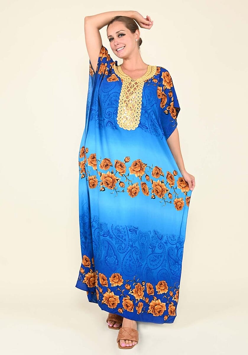 TAMSY Blue Rose Pattern Kaftan With Neckline Embroidery - One Size Fits Most (31"x53.5") image number 0