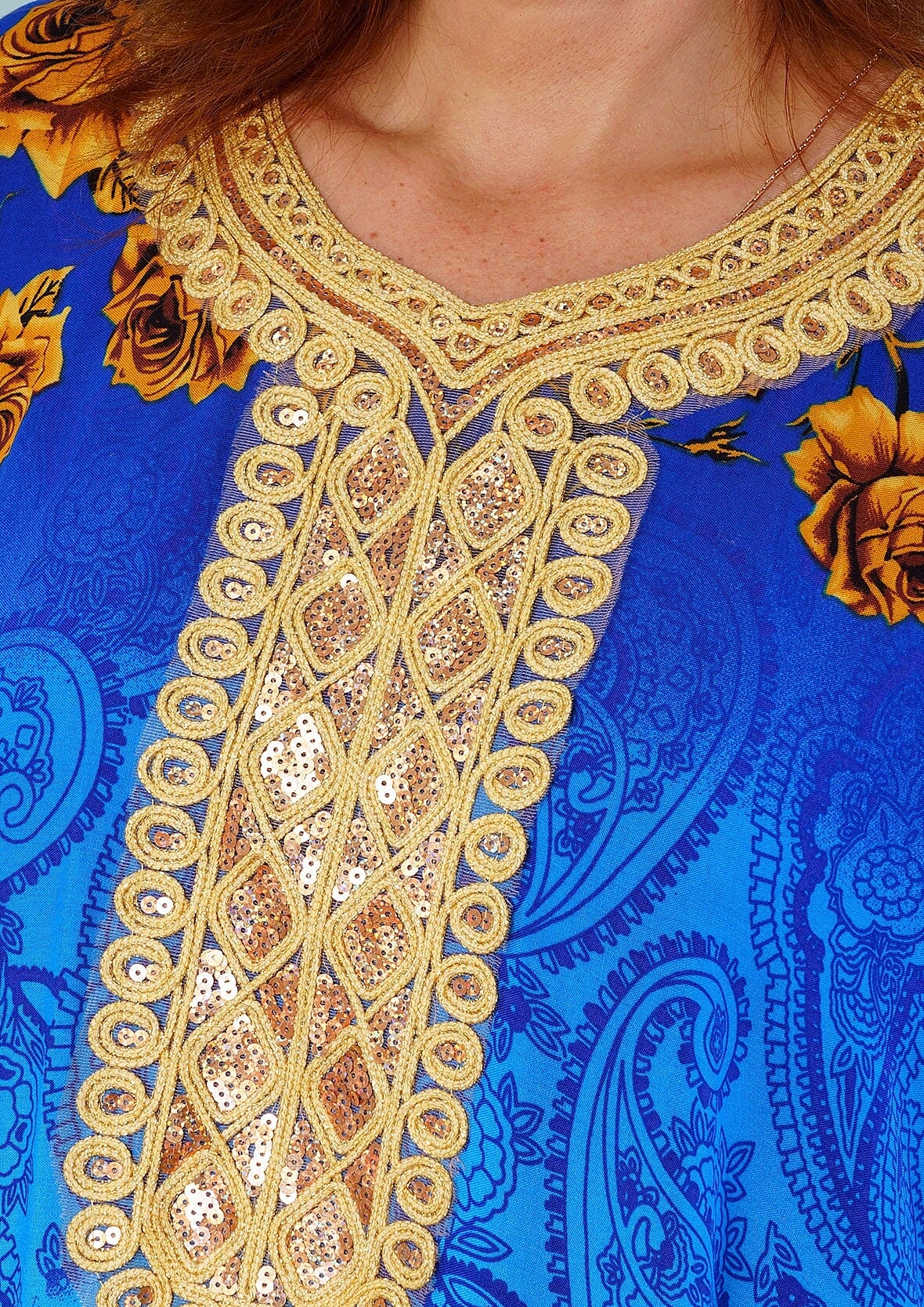 Tamsy Blue Rose Pattern Kaftan With Neckline Embroidery - One Size Fits Most
