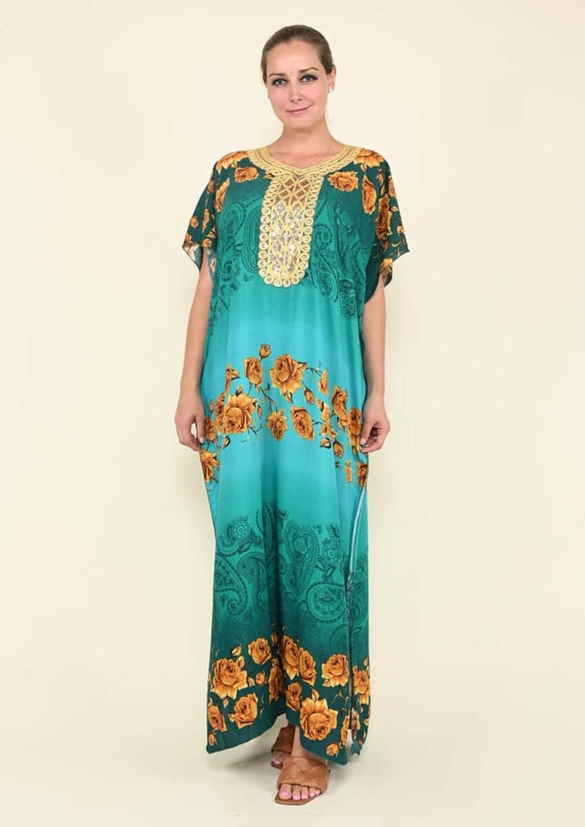 Tamsy Green Rose Pattern Kaftan With Neckline Embroidery - One Size Fits Most image number 0