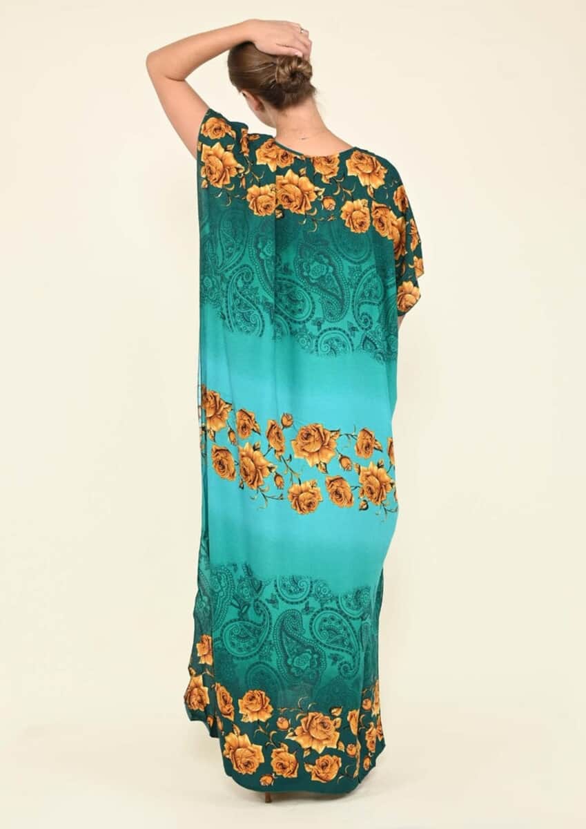Tamsy Green Rose Pattern Kaftan With Neckline Embroidery - One Size Fits Most image number 1