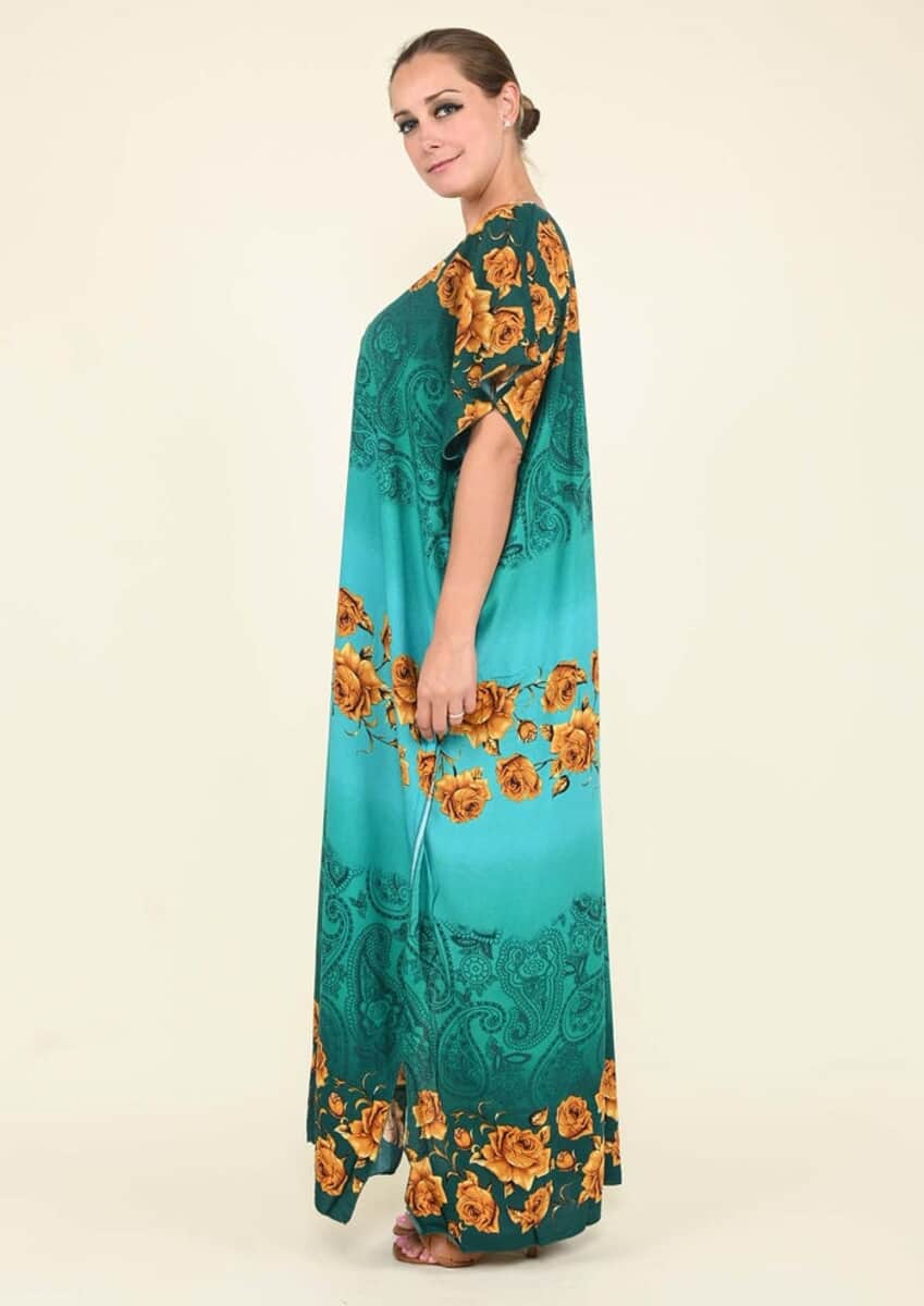 Tamsy Green Rose Pattern Kaftan With Neckline Embroidery - One Size Fits Most image number 2