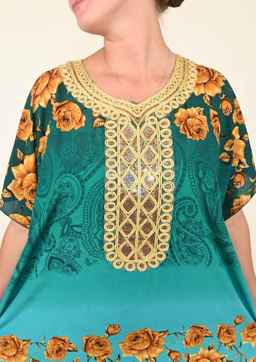 Tamsy Green Rose Pattern Kaftan With Neckline Embroidery - One Size Fits Most image number 3