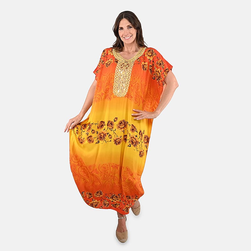 Tamsy Yellow Rose Pattern Kaftan With Neckline Embroidery - One Size Fits Most