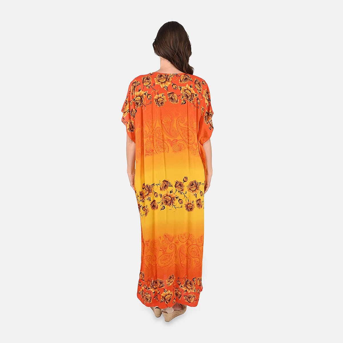 Tamsy Yellow Rose Pattern Kaftan With Neckline Embroidery - One Size Fits Most image number 1