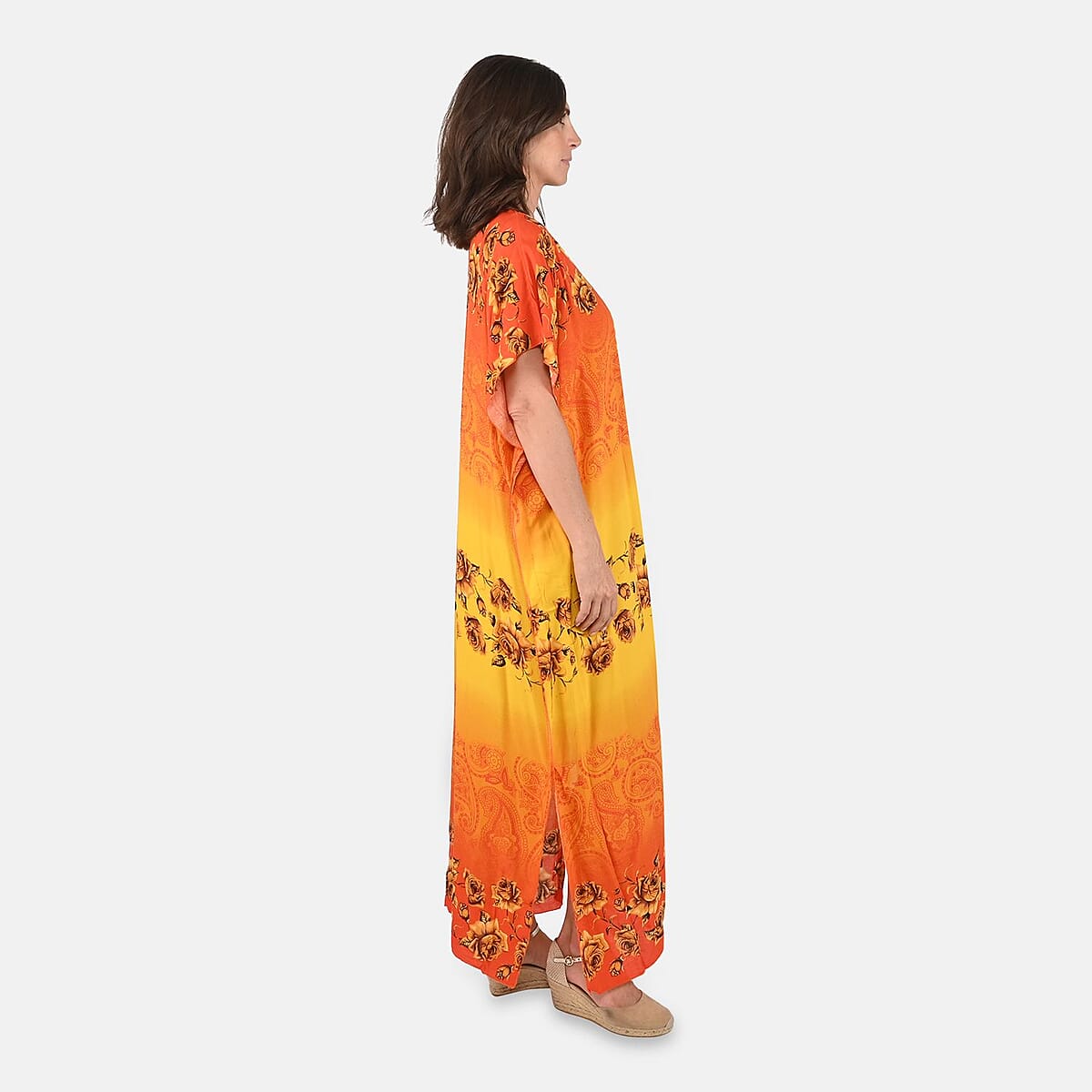 Tamsy Yellow Rose Pattern Kaftan With Neckline Embroidery - One Size Fits Most image number 2