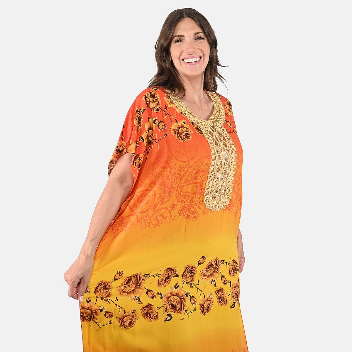 Tamsy Yellow Rose Pattern Kaftan With Neckline Embroidery - One Size Fits Most image number 3