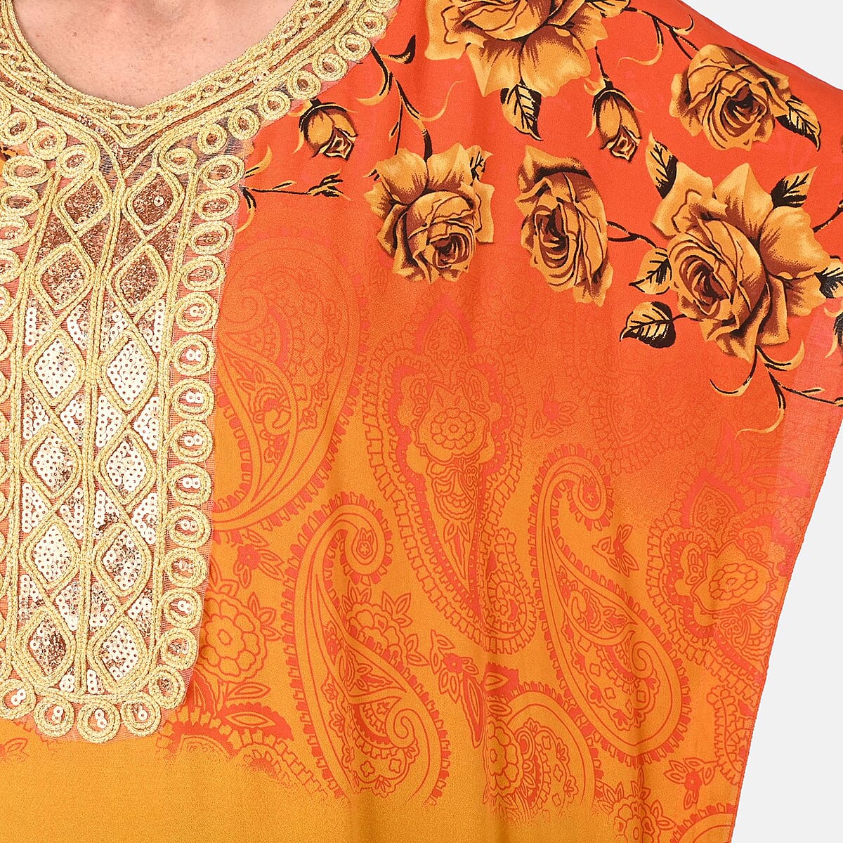 Tamsy Yellow Rose Pattern Kaftan With Neckline Embroidery - One Size Fits Most image number 4
