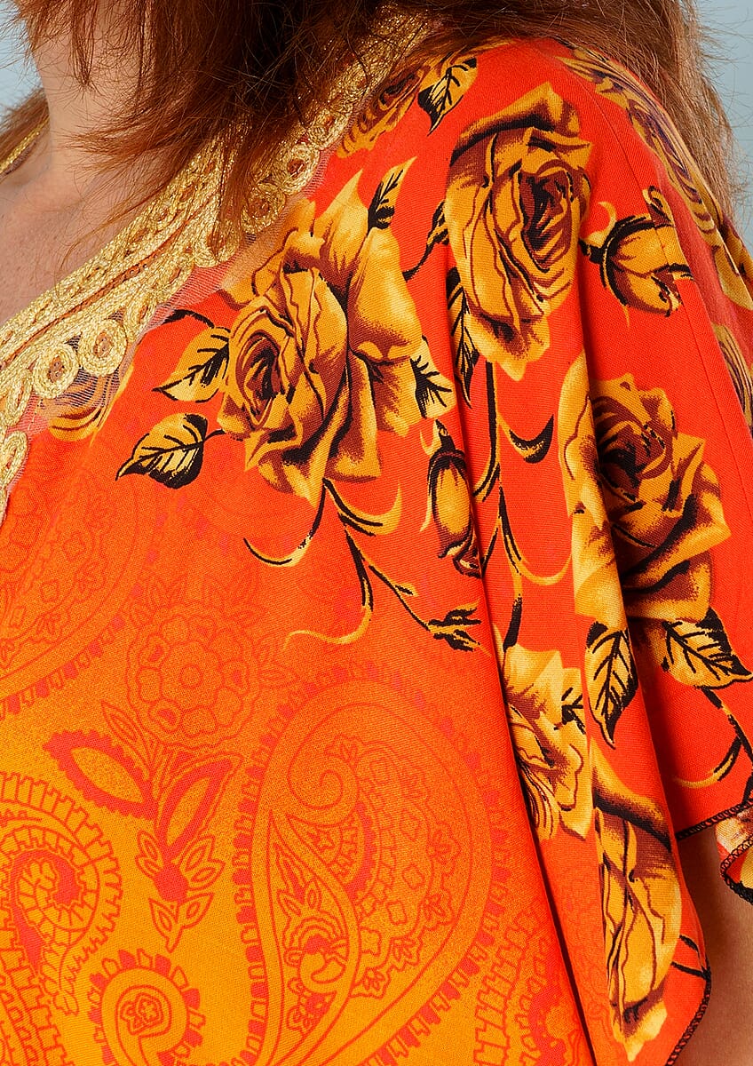 Tamsy Yellow Rose Pattern Kaftan With Neckline Embroidery - One Size Fits Most image number 5