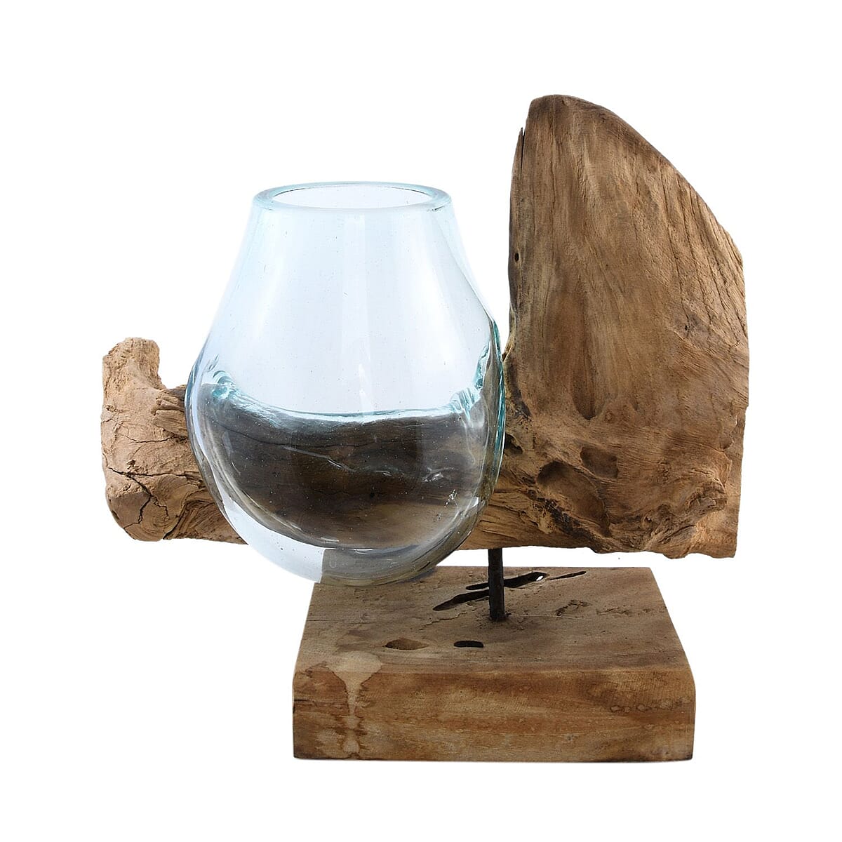 Designer Inspired Artisan Commissioned Bali Handblown Molten Vase Glass with Wood Base image number 2