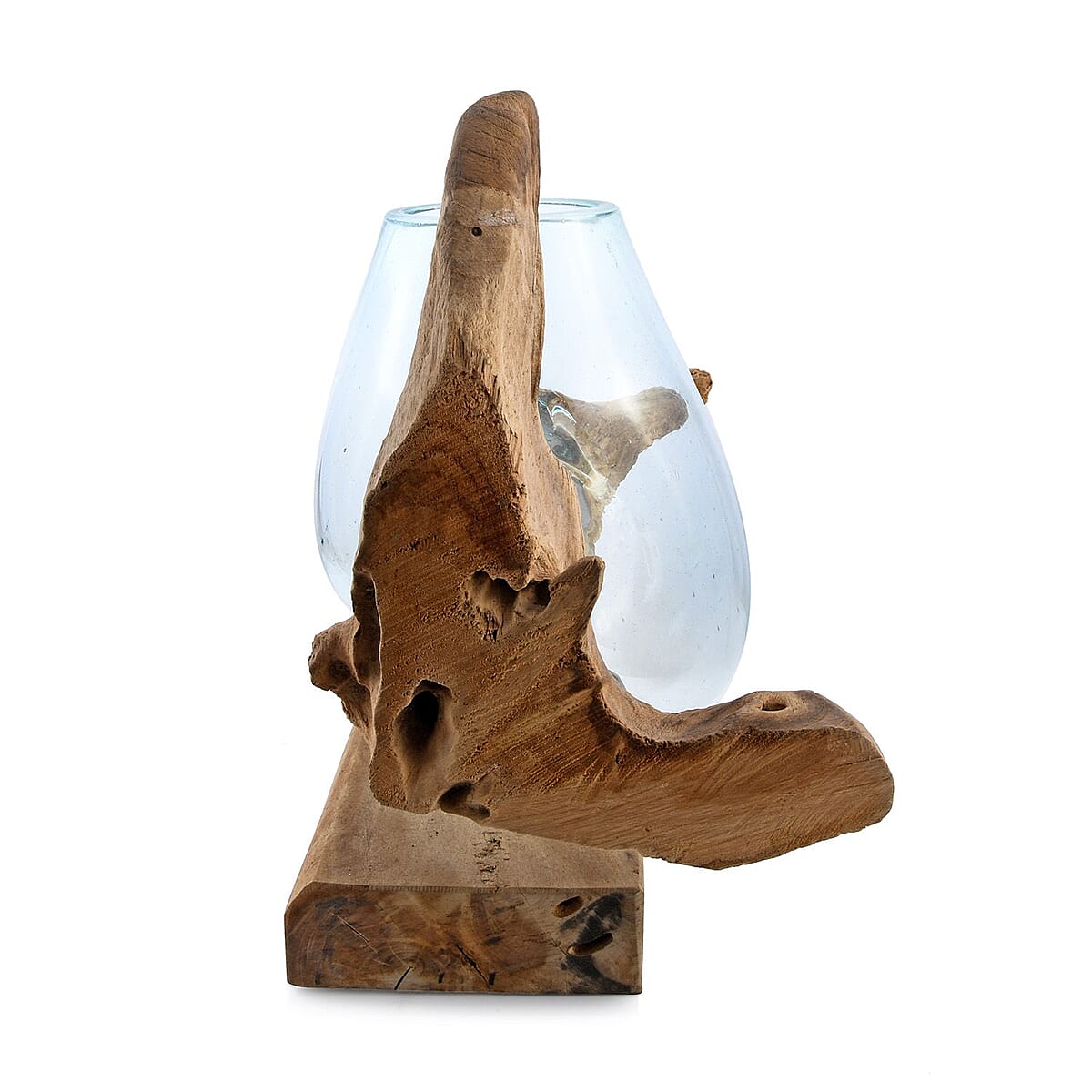 Designer Inspired Artisan Commissioned Bali Handblown Molten Vase Glass with Wood Base image number 3