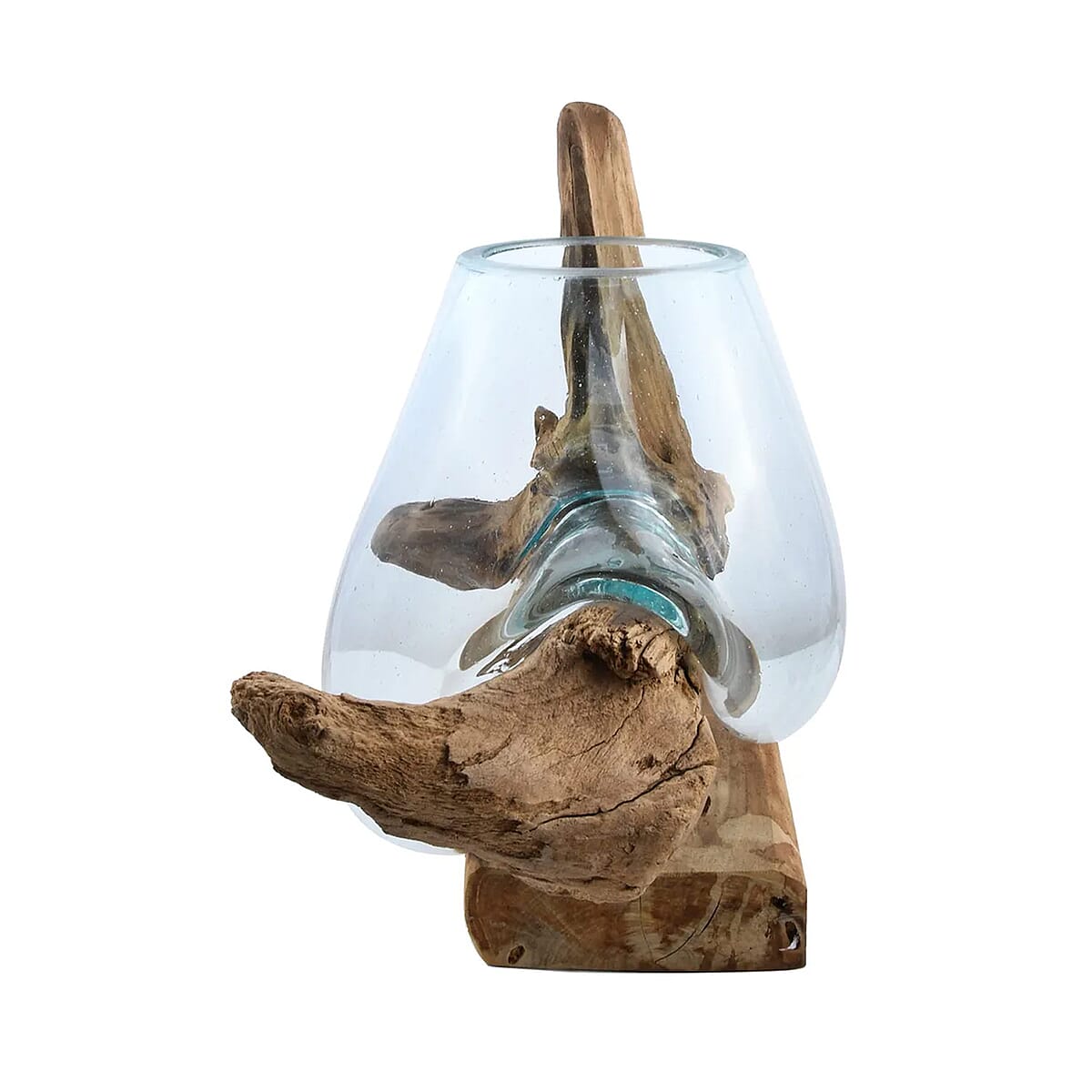 Designer Inspired Artisan Commissioned Bali Handblown Molten Vase Glass with Wood Base image number 5