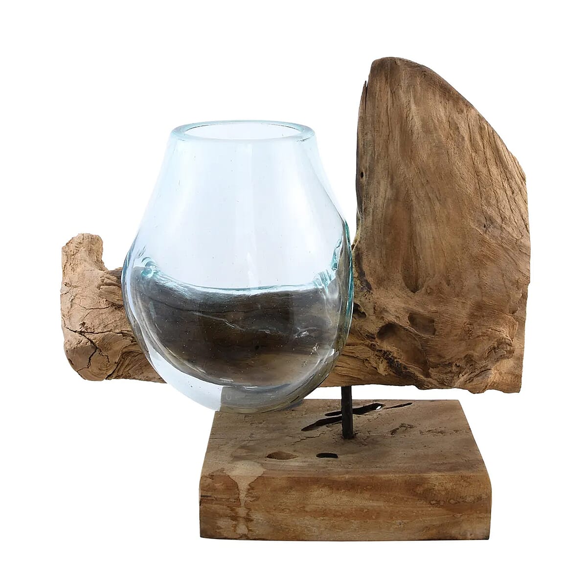 Designer Inspired Artisan Commissioned Bali Handblown Molten Vase Glass with Wood Base image number 6