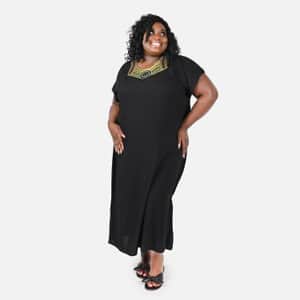 Tamsy Dark Black Solid with Multi Color Neckline Embroidery 100% Viscose Kaftan Dress - Loose Fit, One Size Fits Most | Holiday Dress | Swimsuit Cover Up | Beach Cover Ups | Holiday Clothes