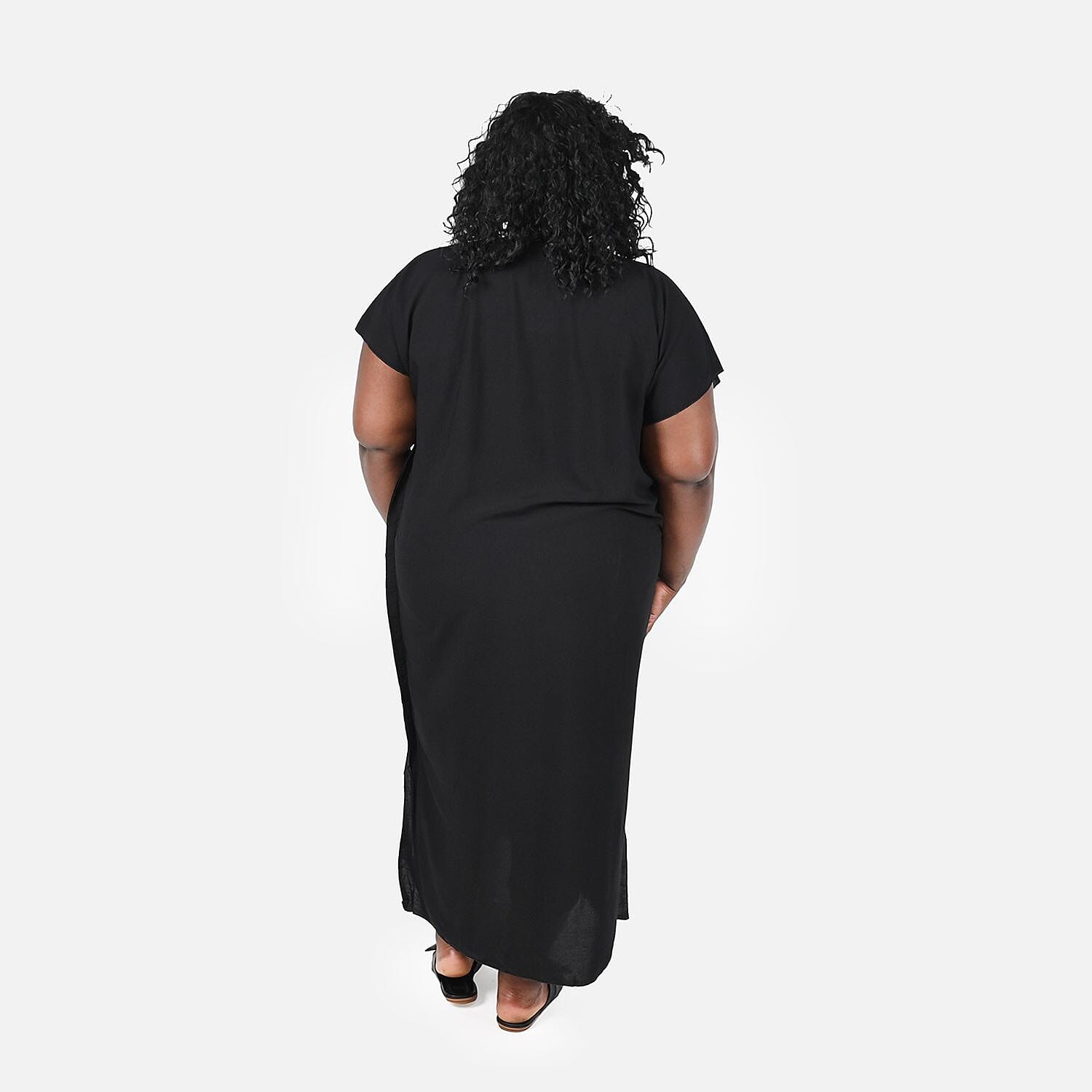 Tamsy Dark Black Solid with Multi Color Neckline Embroidery 100% Viscose Kaftan Dress - Loose Fit, One Size Fits Most | Holiday Dress | Swimsuit Cover Up | Beach Cover Ups | Holiday Clothes