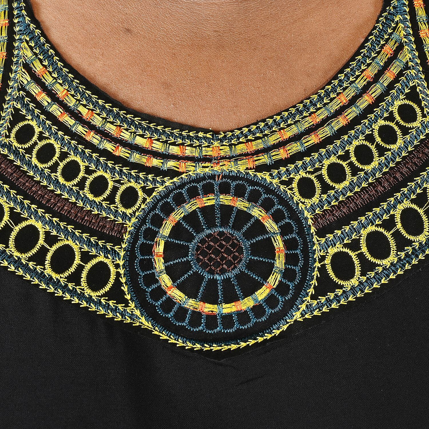 Tamsy Dark Black Solid with Multi Color Neckline Embroidery 100% Viscose Kaftan Dress - Loose Fit, One Size Fits Most | Holiday Dress | Swimsuit Cover Up | Beach Cover Ups | Holiday Clothes