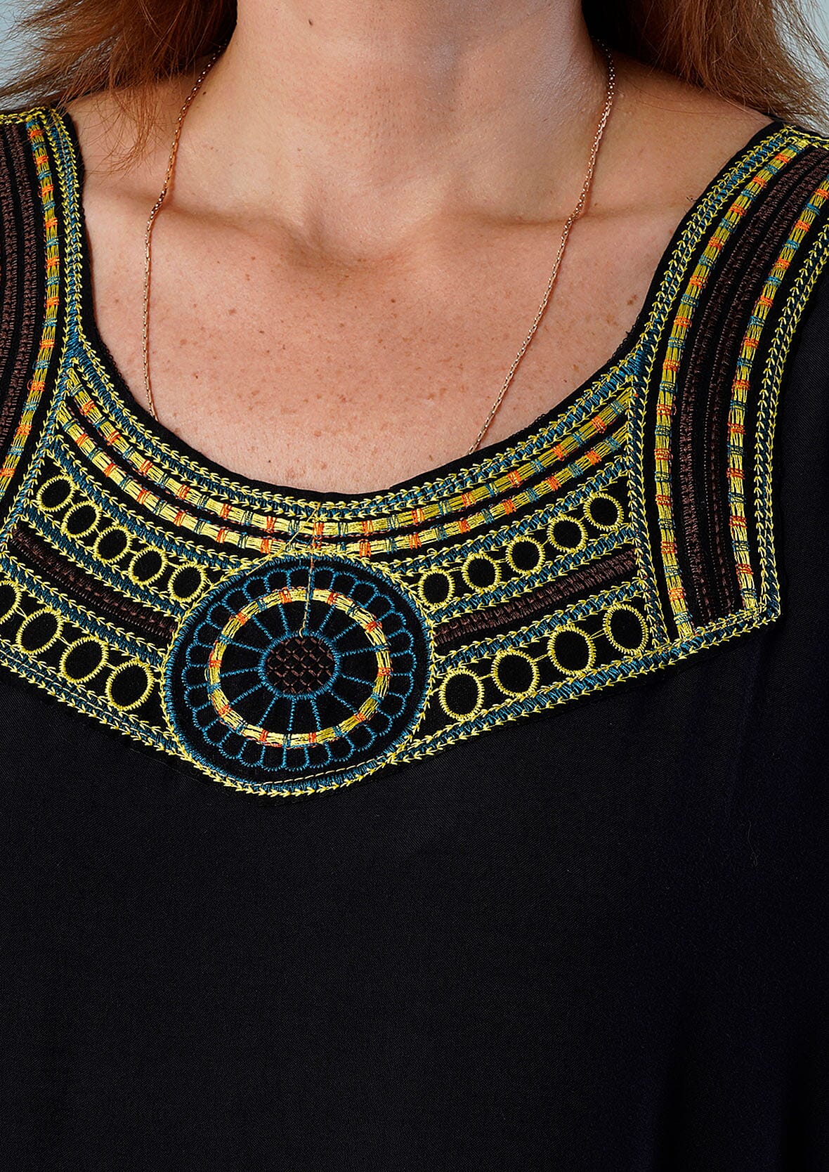 Tamsy Dark Black Solid with Multi Color Neckline Embroidery 100% Viscose Kaftan Dress - Loose Fit, One Size Fits Most | Holiday Dress | Swimsuit Cover Up | Beach Cover Ups | Holiday Clothes