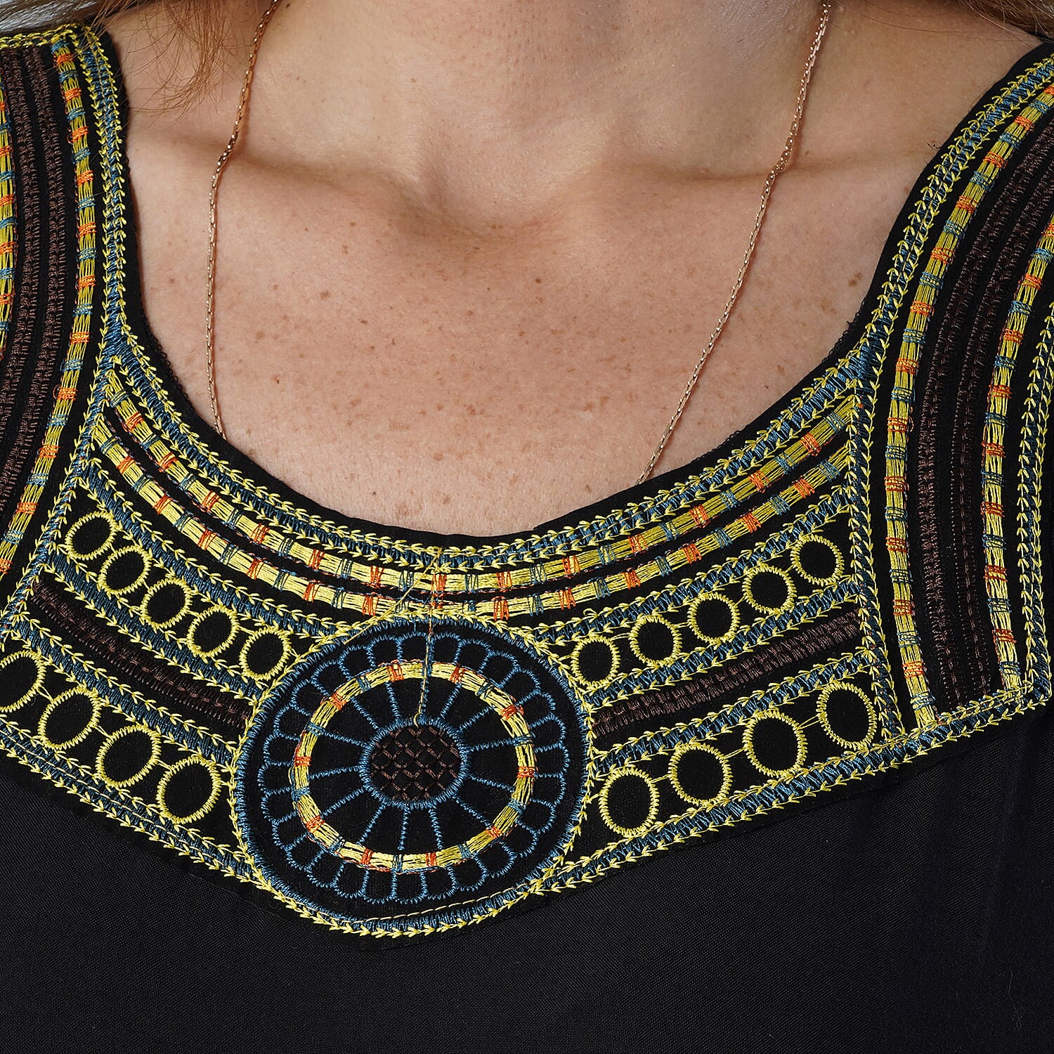 Tamsy Dark Black Solid with Multi Color Neckline Embroidery 100% Viscose Kaftan Dress - Loose Fit, One Size Fits Most | Holiday Dress | Swimsuit Cover Up | Beach Cover Ups | Holiday Clothes