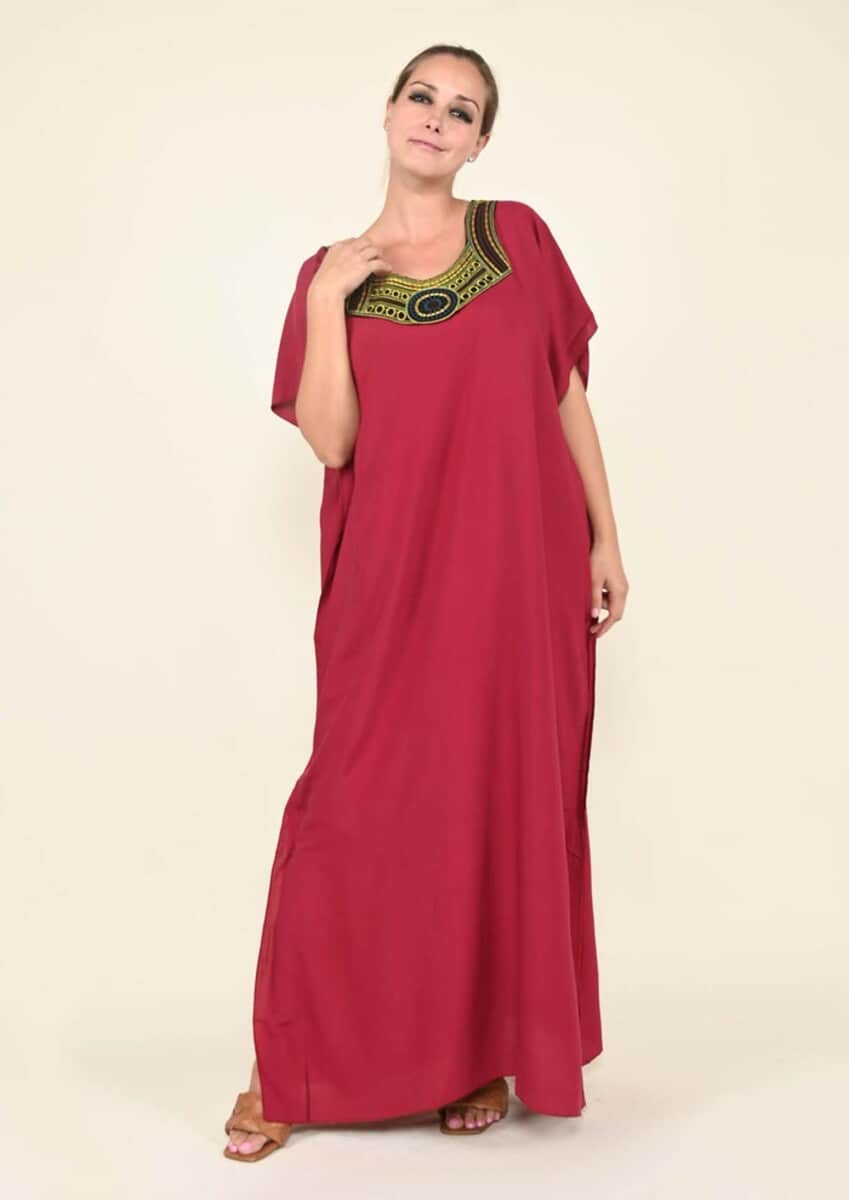 Tamsy Red Solid with Multi Color Neckline Embroidery 100% Viscose Kaftan Dress - Loose Fit, One Size Fits Most , Holiday Dress , Swimsuit Cover Up , Beach Cover Ups , Holiday Clothes image number 0