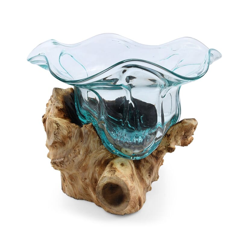 Designer Inspired Artisan Commissioned Bali Handblown Fruit Bowl Glass Decor with Wood Base , Decorative , Home Decor Items , Wood Decor , Gift Items