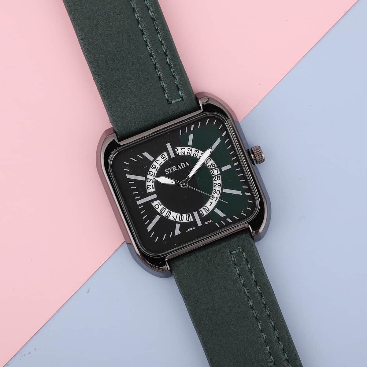 STRADA Japanese Movement Watch with Dark Green Faux Leather Strap and Stainless Steel Back image number 1
