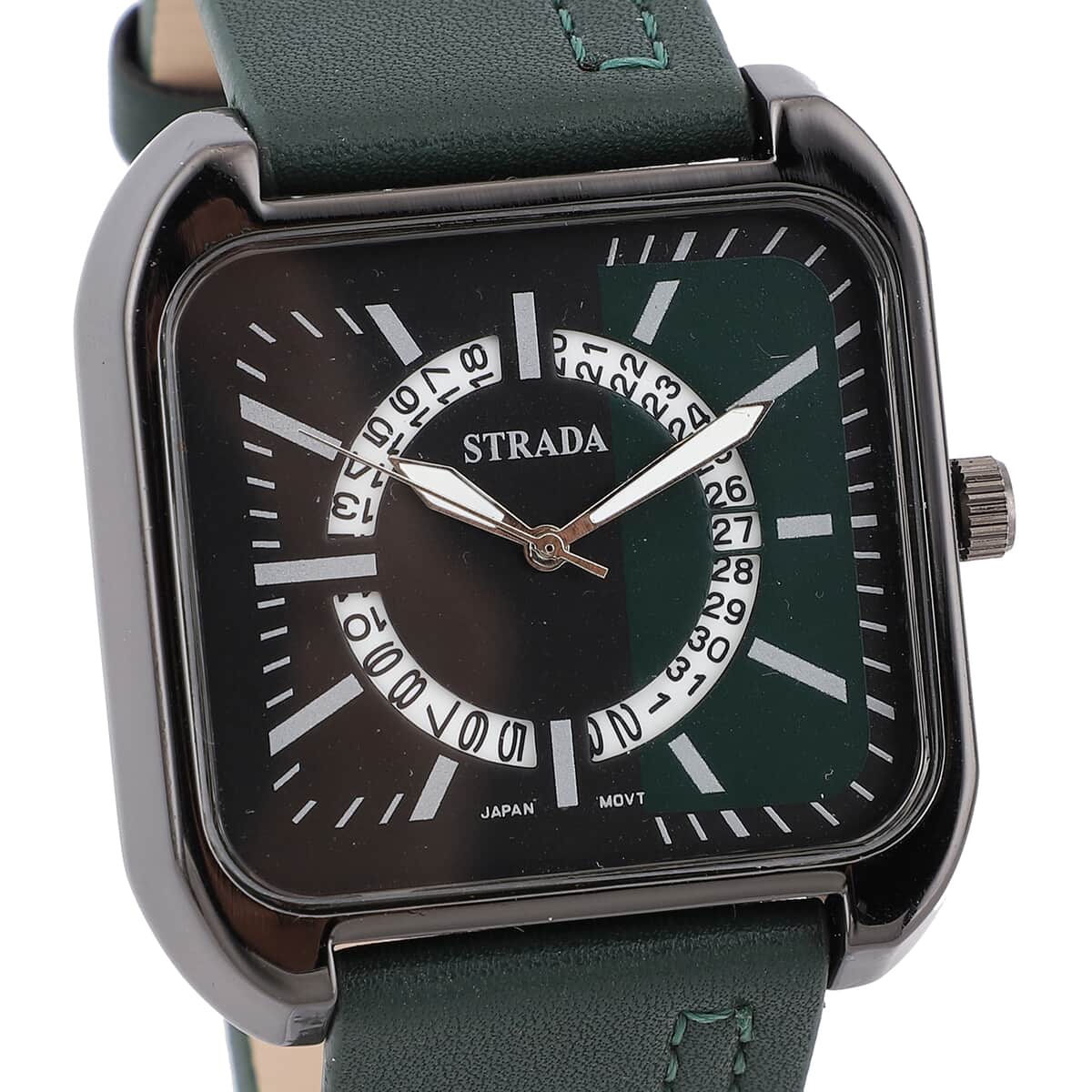 STRADA Japanese Movement Watch with Dark Green Faux Leather Strap and Stainless Steel Back image number 3