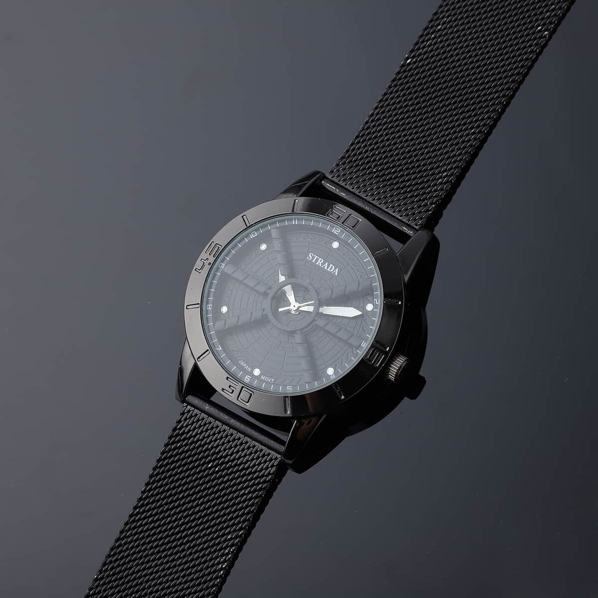Strada Japanese Movement Water Resistant Watch with Black Dial Stainless Steel Mesh Strap and Back image number 1