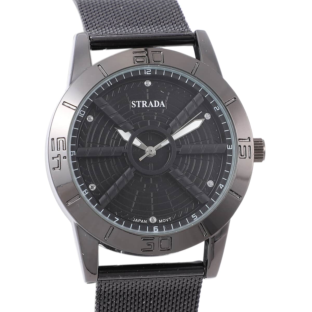 Strada Japanese Movement Water Resistant Watch with Black Dial Stainless Steel Mesh Strap and Back image number 3