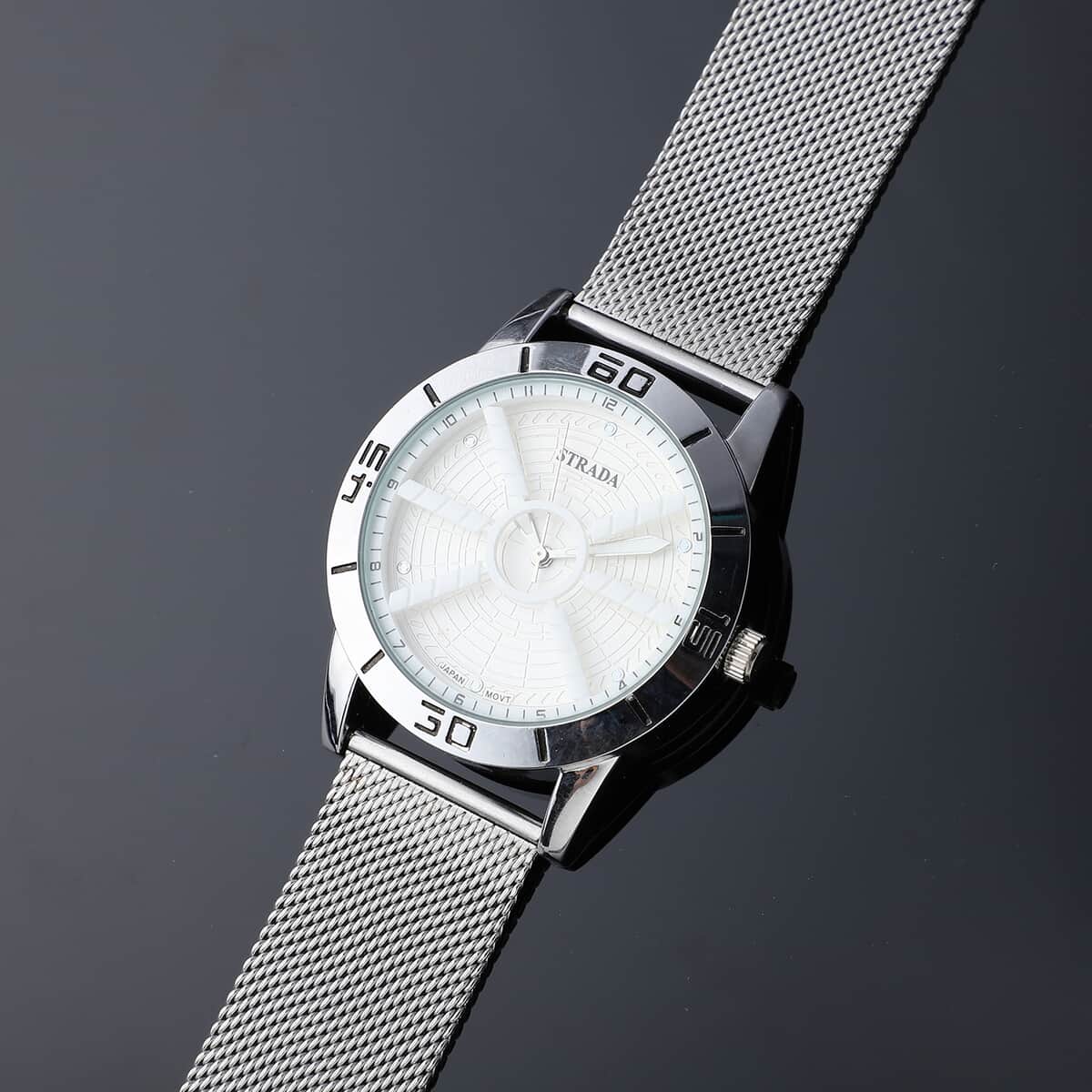 STRADA Japanese Movement Water Resistant Watch with Black Dial Stainless Steel Mesh Strap and Back image number 1