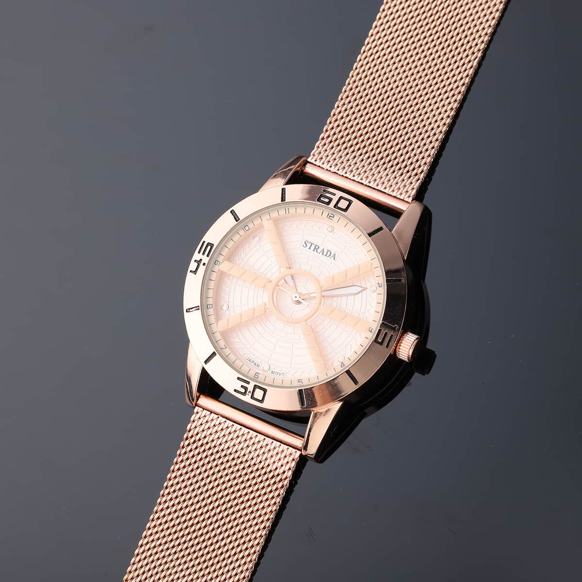 STRADA Japanese Movement Water Resistant Watch with Rose Gold Dial Stainless Steel Mesh Strap and Back image number 1