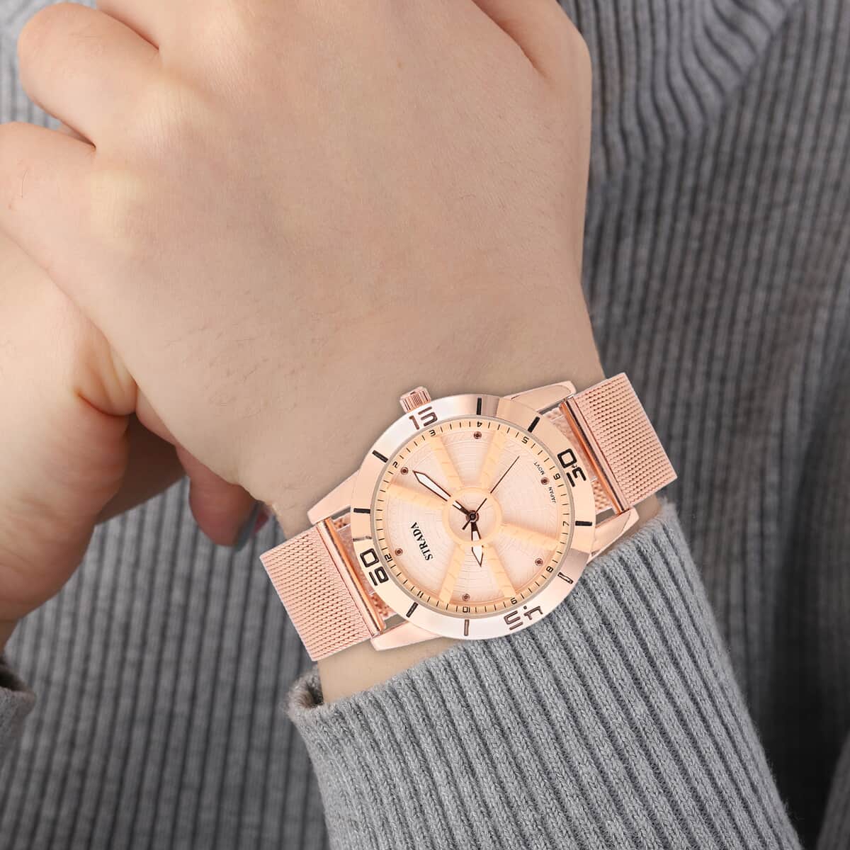 STRADA Japanese Movement Water Resistant Watch with Rose Gold Dial Stainless Steel Mesh Strap and Back image number 2