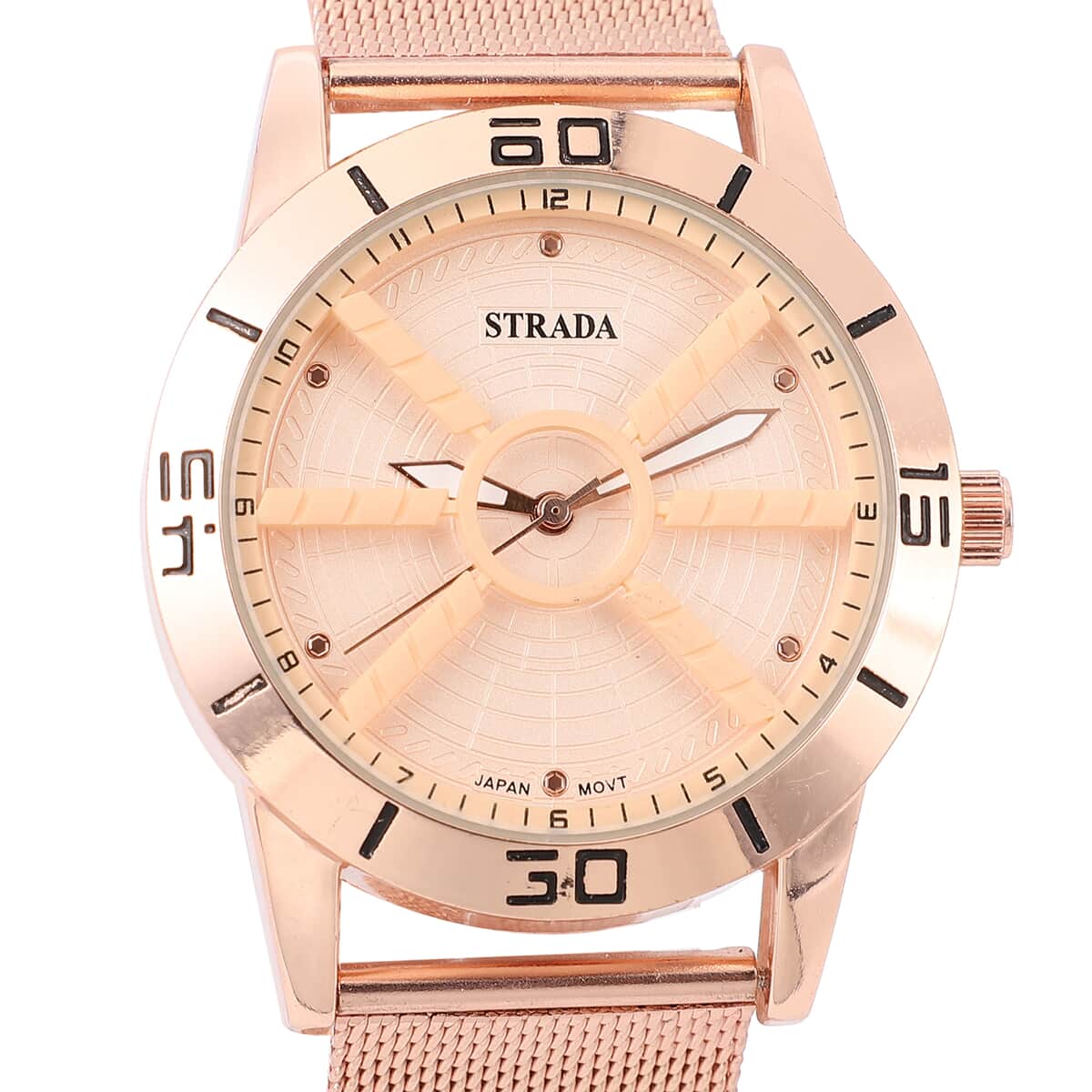 STRADA Japanese Movement Water Resistant Watch with Rose Gold Dial Stainless Steel Mesh Strap and Back image number 3