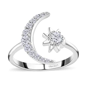 White Zircon Moon and Starburst Open Band Ring in Platinum Over Sterling Silver (Size 6.0) 0.55 ctw