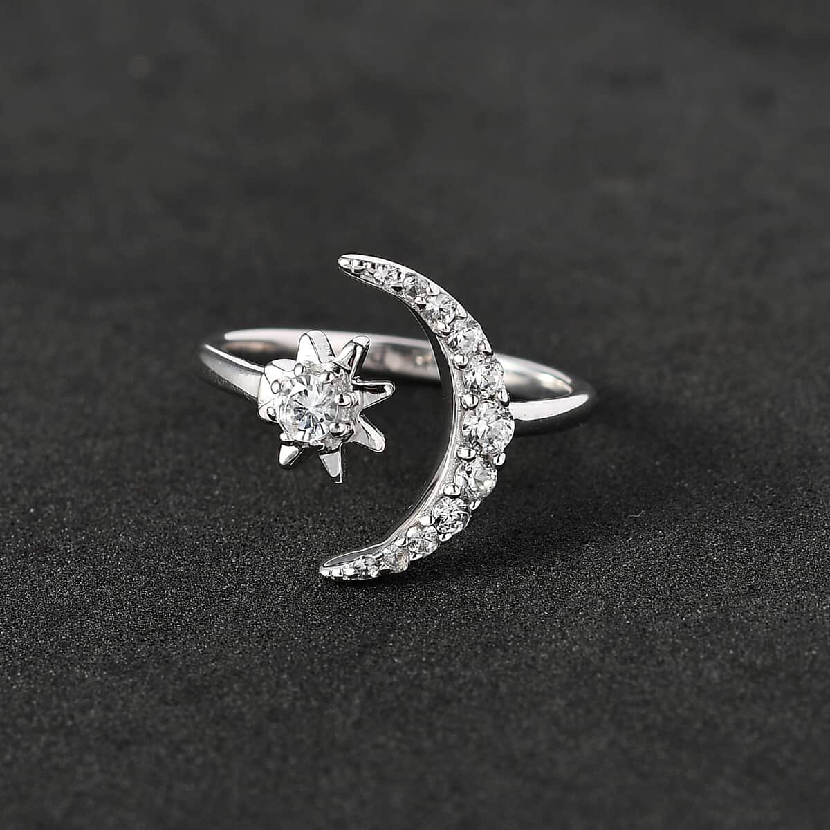 Natural White Zircon Moon Star Ring in Platinum Over Sterling Silver 0.55 ctw image number 1